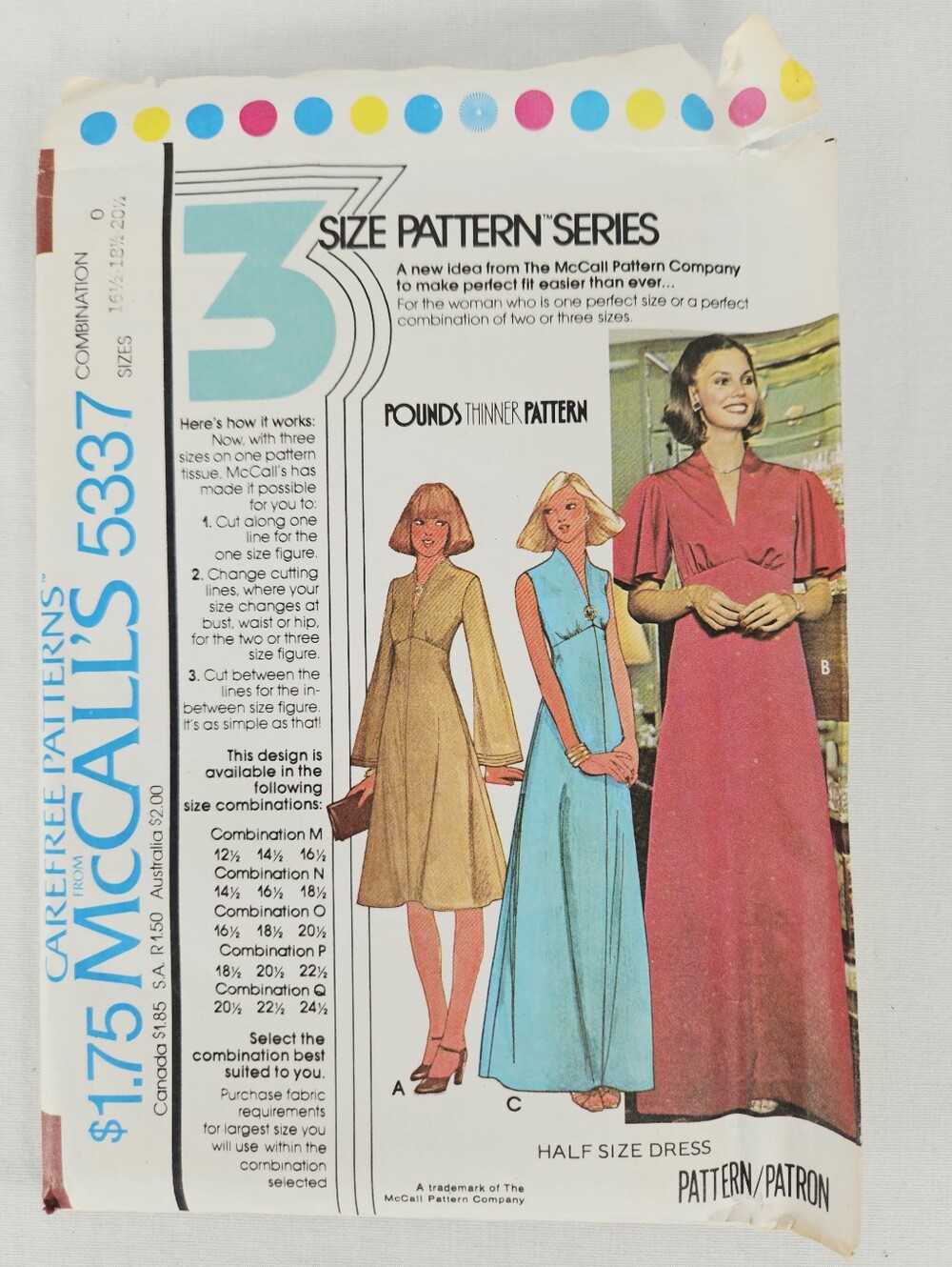 Vintage 1976 McCall's 5337 Maxi Dress Sewing Pattern 16½-20½ Uncut